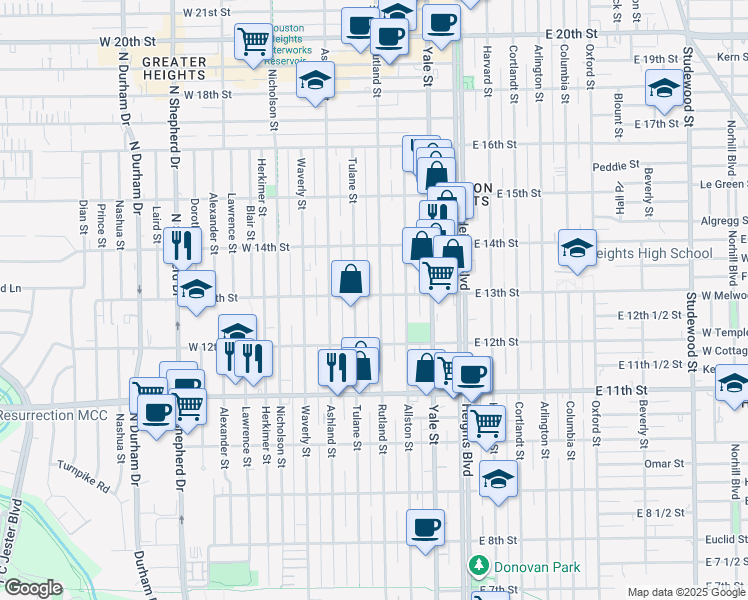 map of restaurants, bars, coffee shops, grocery stores, and more near 1237 Rutland Street in Houston