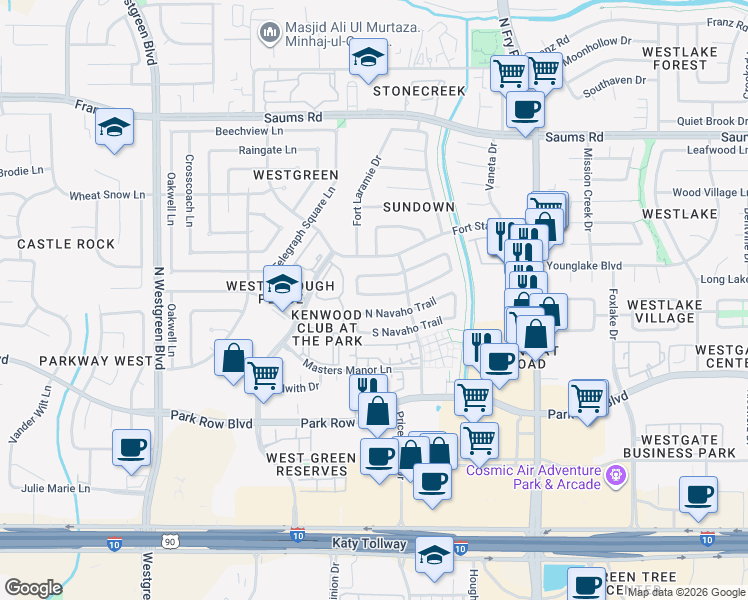 map of restaurants, bars, coffee shops, grocery stores, and more near 20062 South Pecos Valley Trail in Katy