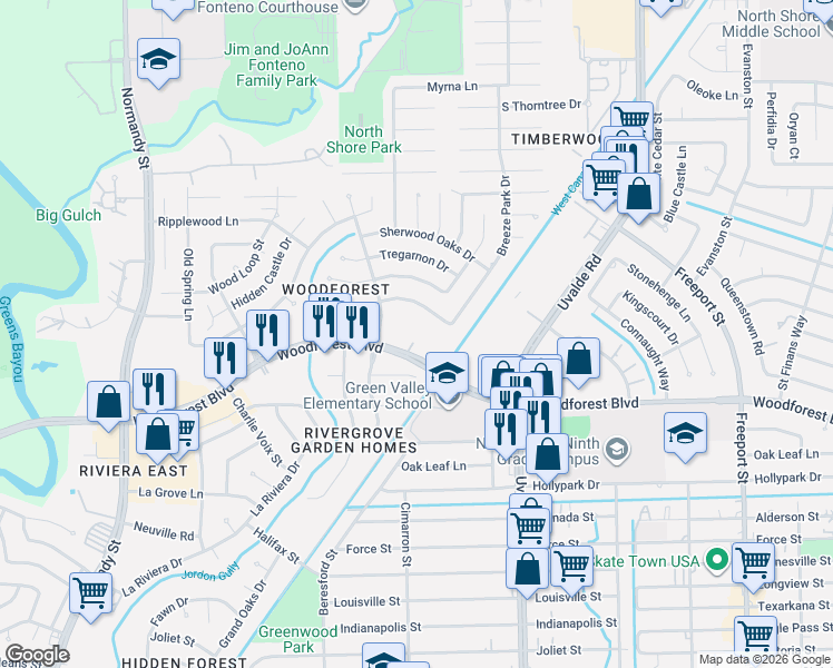 map of restaurants, bars, coffee shops, grocery stores, and more near 13155 Woodforest Boulevard in Houston