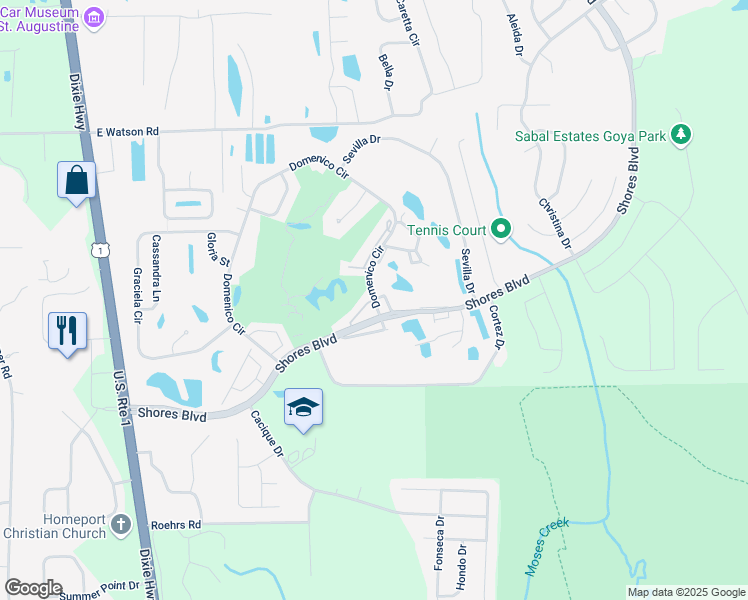 map of restaurants, bars, coffee shops, grocery stores, and more near 1508 Carnoustie Court in St. Augustine
