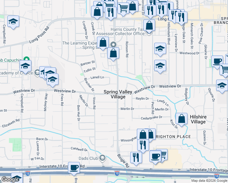 map of restaurants, bars, coffee shops, grocery stores, and more near in Spring Valley Village