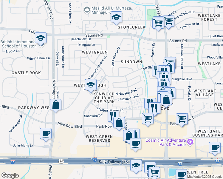 map of restaurants, bars, coffee shops, grocery stores, and more near 2011 West Pecos Valley Trail in Katy