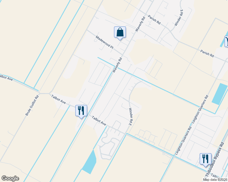 map of restaurants, bars, coffee shops, grocery stores, and more near 509 Waverly Road in Thibodaux