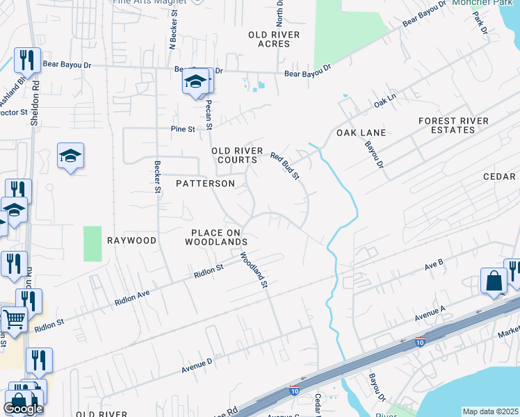 map of restaurants, bars, coffee shops, grocery stores, and more near 903 Woodland Street in Channelview