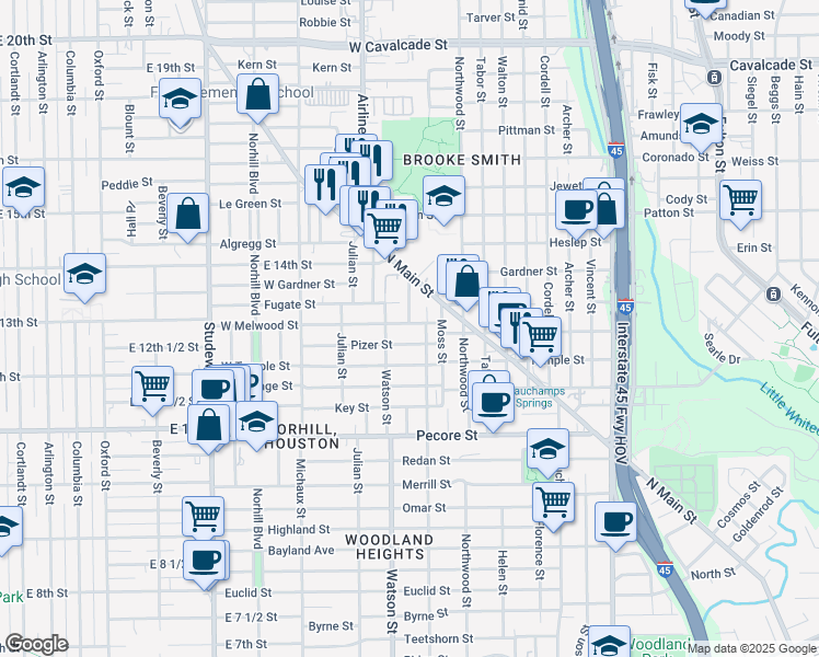 map of restaurants, bars, coffee shops, grocery stores, and more near 729 West Melwood Street in Houston