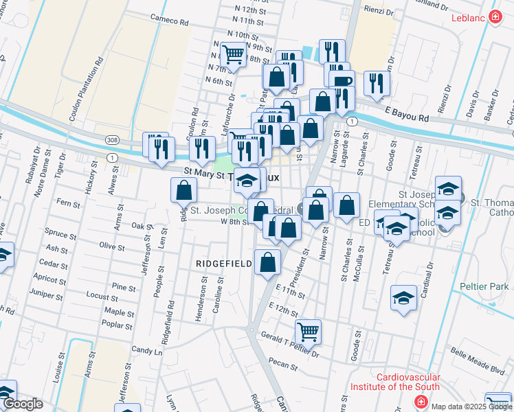 map of restaurants, bars, coffee shops, grocery stores, and more near 702 Jackson Street in Thibodaux