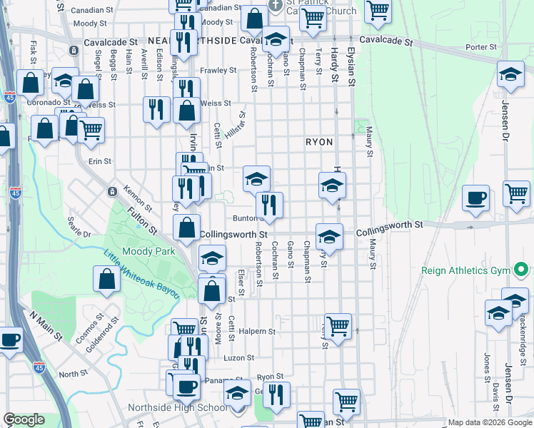 map of restaurants, bars, coffee shops, grocery stores, and more near 1117 Bunton Street in Houston
