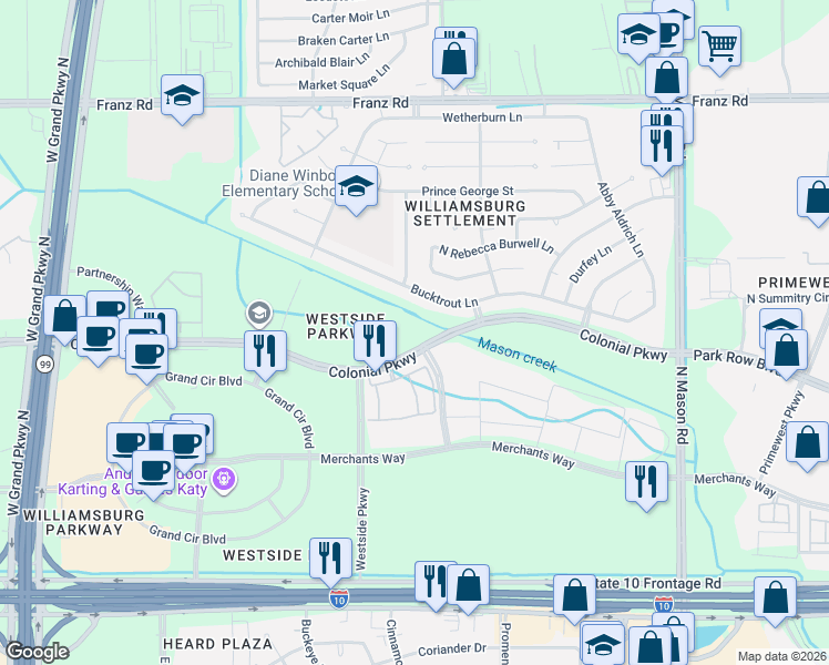 map of restaurants, bars, coffee shops, grocery stores, and more near 22439 Bucktrout Lane in Katy