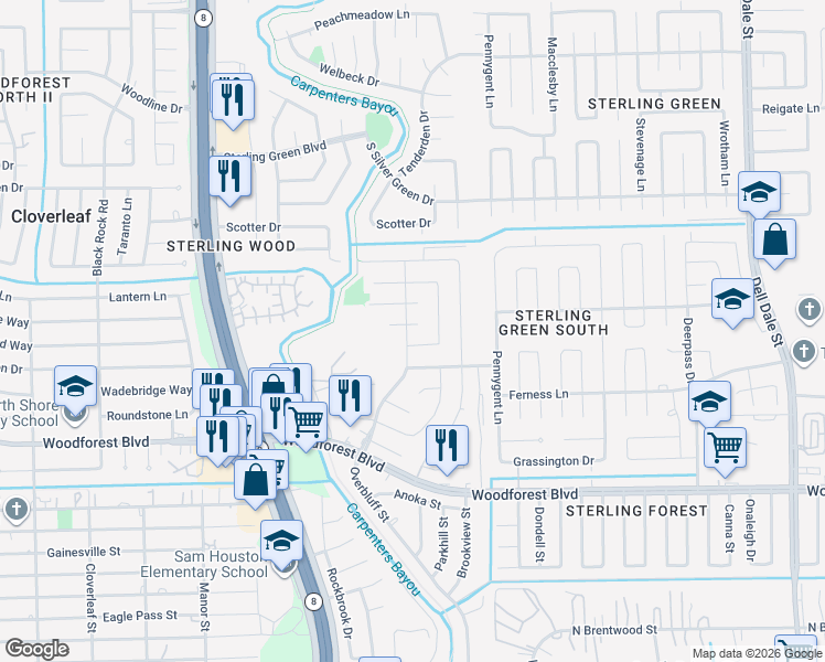 map of restaurants, bars, coffee shops, grocery stores, and more near 15002 Maryport Drive in Channelview