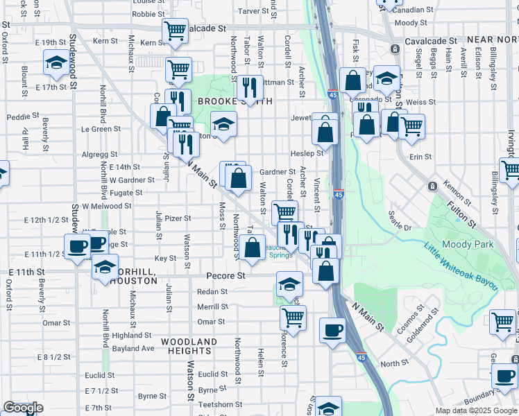 map of restaurants, bars, coffee shops, grocery stores, and more near 412 Walton Street in Houston