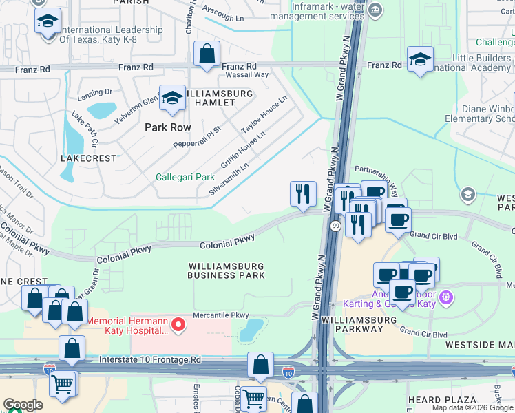 map of restaurants, bars, coffee shops, grocery stores, and more near 23500 Colonial Parkway in Katy