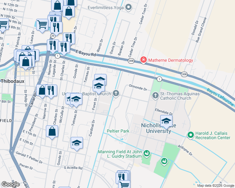 map of restaurants, bars, coffee shops, grocery stores, and more near 101-199 Saint Joseph Street in Thibodaux