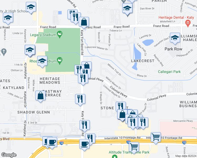 map of restaurants, bars, coffee shops, grocery stores, and more near Colonial Parkway in Katy