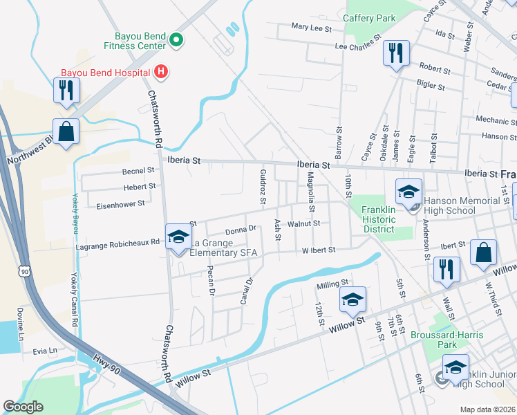map of restaurants, bars, coffee shops, grocery stores, and more near Pine St in Franklin