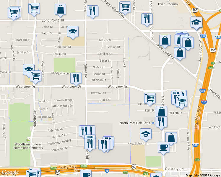 map of restaurants, bars, coffee shops, grocery stores, and more near 6501 Westview Drive in Houston