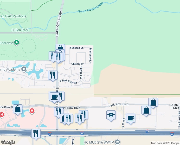 map of restaurants, bars, coffee shops, grocery stores, and more near 1830 Hollyoak Drive in Houston