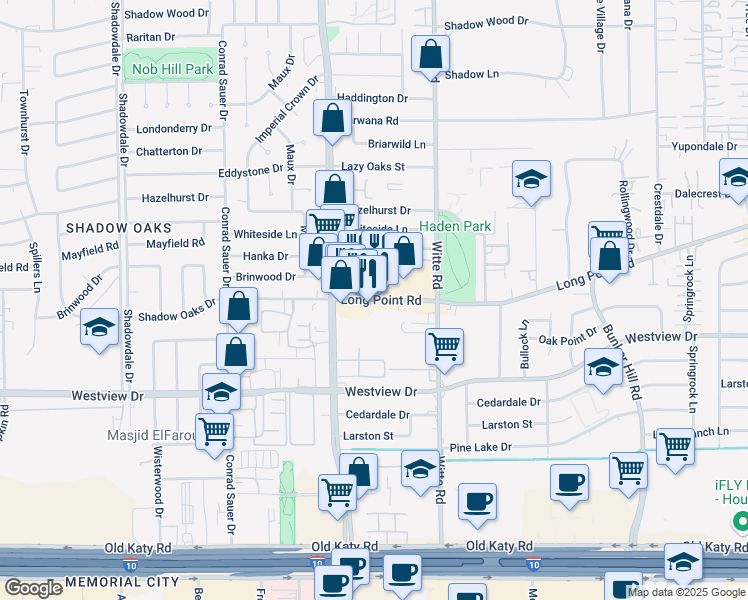 map of restaurants, bars, coffee shops, grocery stores, and more near 10070 Long Point Road in Houston
