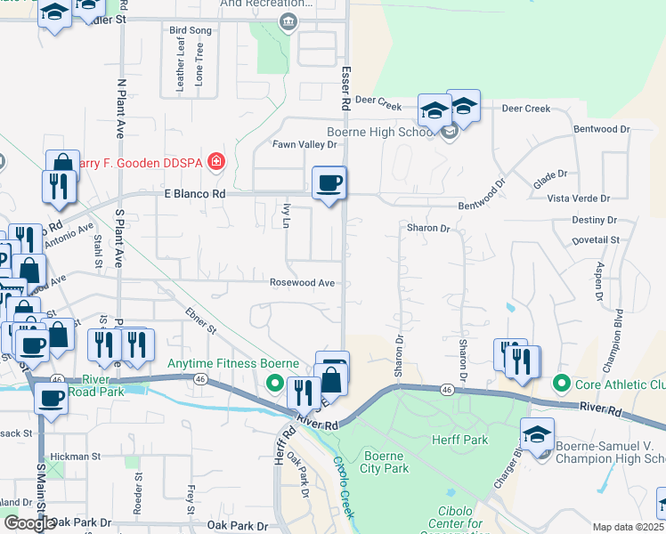 map of restaurants, bars, coffee shops, grocery stores, and more near 141 Moss Rose Street in Boerne