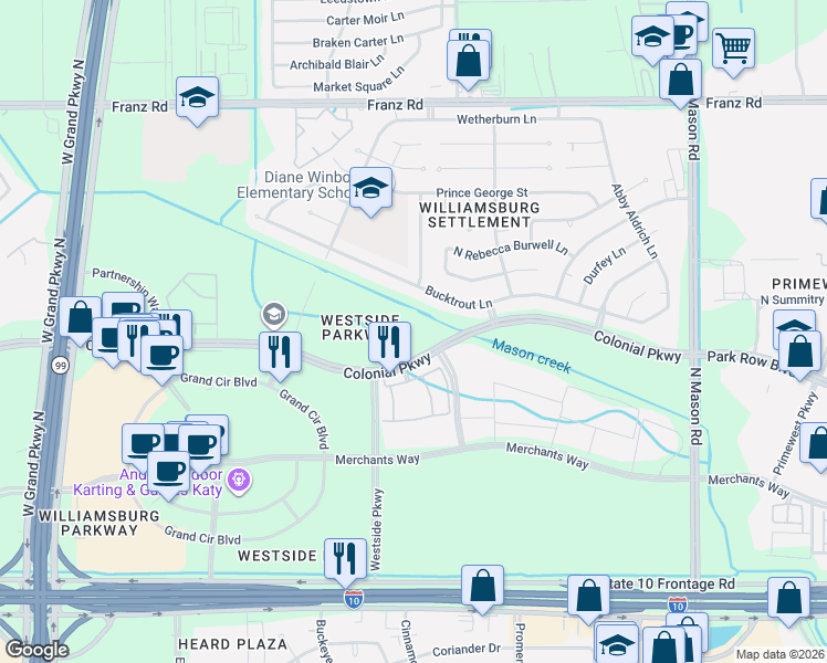 map of restaurants, bars, coffee shops, grocery stores, and more near 22459 Bucktrout Lane in Katy