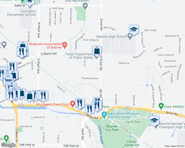 map of restaurants, bars, coffee shops, grocery stores, and more near 125 Moss Rose Street in Boerne