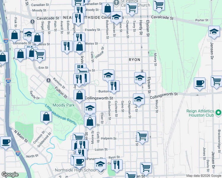 map of restaurants, bars, coffee shops, grocery stores, and more near 3717 Cochran Street in Houston