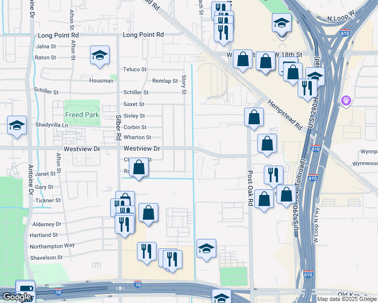 map of restaurants, bars, coffee shops, grocery stores, and more near 6142 Westview Drive in Houston