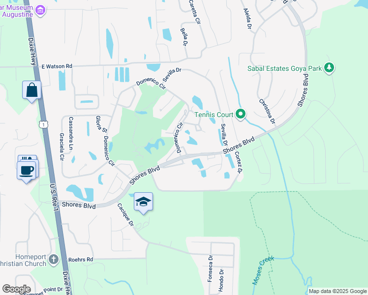 map of restaurants, bars, coffee shops, grocery stores, and more near 1508 Carnoustie Court in St. Augustine