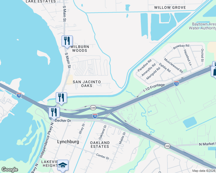 map of restaurants, bars, coffee shops, grocery stores, and more near 413 Pin Oak Drive in Highlands