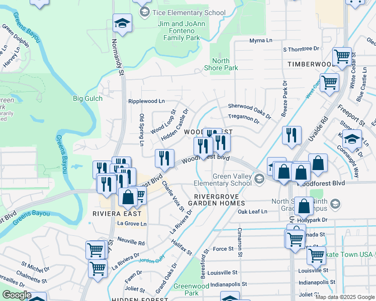 map of restaurants, bars, coffee shops, grocery stores, and more near 12826 Stillington Drive in Houston