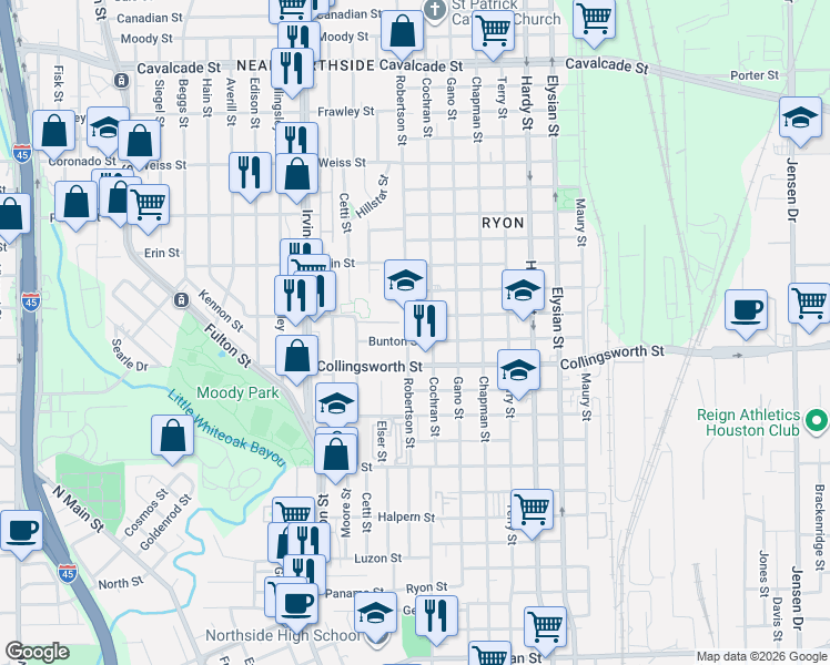 map of restaurants, bars, coffee shops, grocery stores, and more near 3717 Cochran Street in Houston