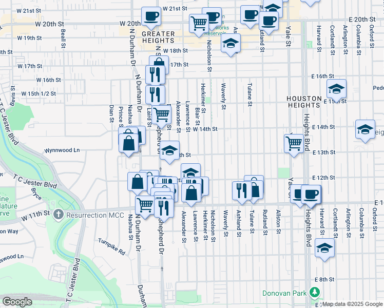 map of restaurants, bars, coffee shops, grocery stores, and more near 1304 Lawrence Street in Houston