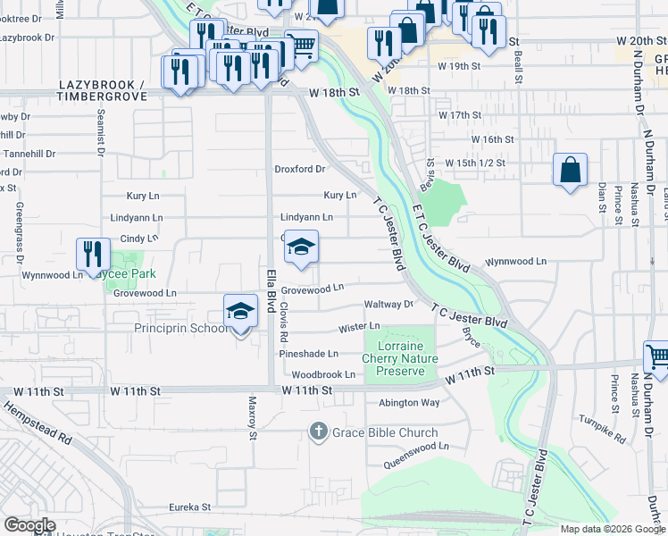map of restaurants, bars, coffee shops, grocery stores, and more near 6327 Wynnwood Lane in Houston