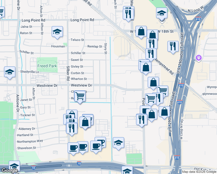 map of restaurants, bars, coffee shops, grocery stores, and more near 6142 Westview Drive in Houston