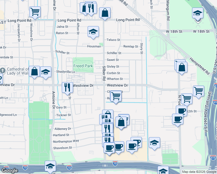 map of restaurants, bars, coffee shops, grocery stores, and more near 6621 Westview Drive in Houston