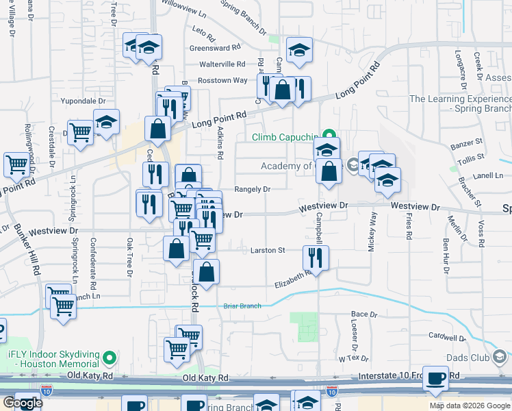 map of restaurants, bars, coffee shops, grocery stores, and more near 9230 Westview Drive in Houston