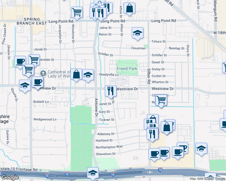 map of restaurants, bars, coffee shops, grocery stores, and more near 1365 Afton Street in Houston