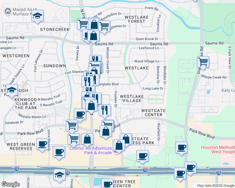map of restaurants, bars, coffee shops, grocery stores, and more near 19630 Lake Hollow Lane in Houston