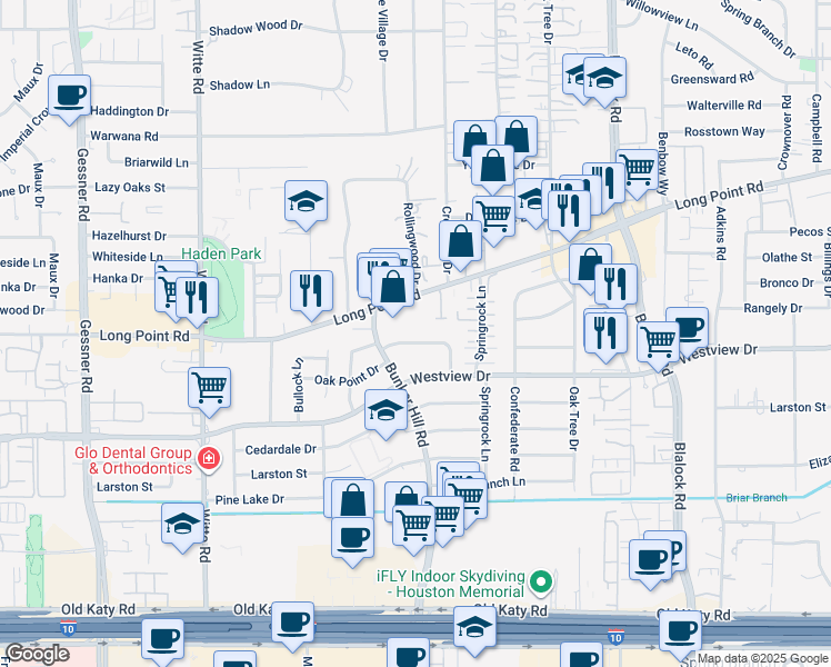 map of restaurants, bars, coffee shops, grocery stores, and more near 9742 Tappenbeck Drive in Houston