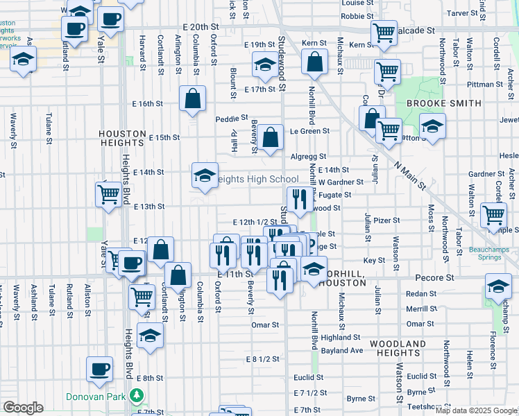 map of restaurants, bars, coffee shops, grocery stores, and more near 710 East 13th Street in Houston