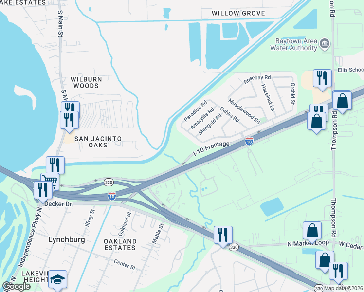 map of restaurants, bars, coffee shops, grocery stores, and more near Acacia Lane in Baytown