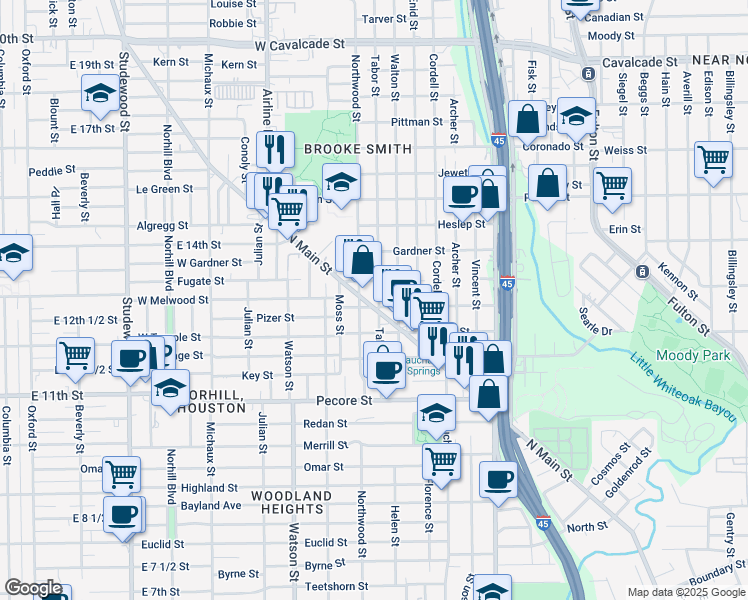 map of restaurants, bars, coffee shops, grocery stores, and more near 405 Tabor Street in Houston