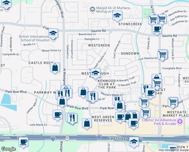 map of restaurants, bars, coffee shops, grocery stores, and more near 2031 Westborough Drive in Katy