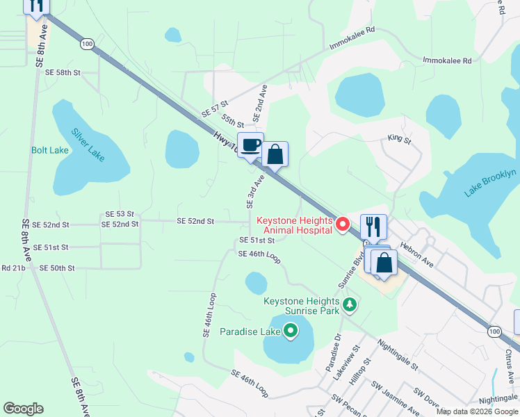 map of restaurants, bars, coffee shops, grocery stores, and more near 5513 Southeast 3rd Avenue in Keystone Heights