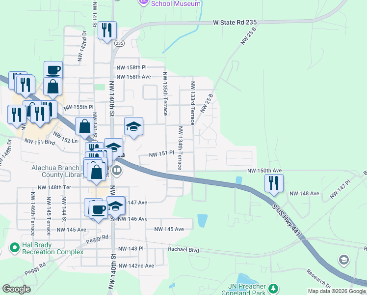 map of restaurants, bars, coffee shops, grocery stores, and more near 15203 Northwest 134th Terrace in Alachua