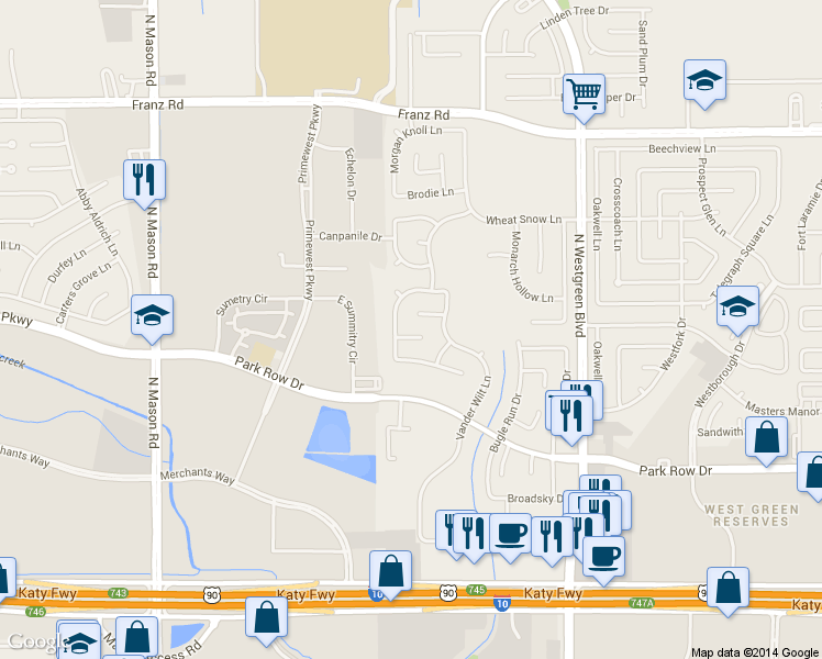 map of restaurants, bars, coffee shops, grocery stores, and more near 20922 Windsor Hollow Court in Katy