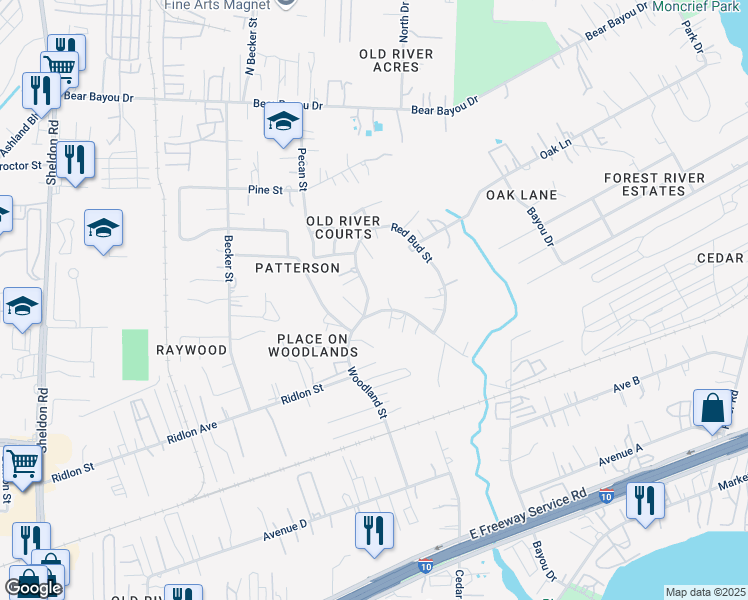 map of restaurants, bars, coffee shops, grocery stores, and more near 903 Woodland Street in Channelview