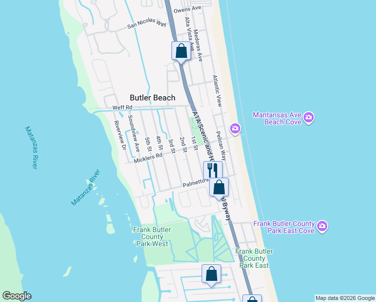 map of restaurants, bars, coffee shops, grocery stores, and more near 231 Micklers Road in St. Augustine