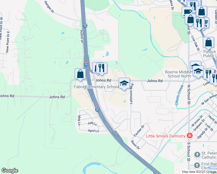 map of restaurants, bars, coffee shops, grocery stores, and more near 825 Johns Road in Boerne