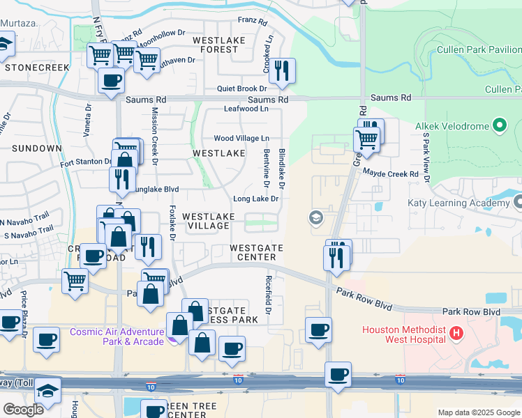 map of restaurants, bars, coffee shops, grocery stores, and more near 19406 Lake Hollow Lane in Houston