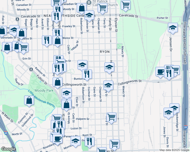 map of restaurants, bars, coffee shops, grocery stores, and more near 3708 Gano Street in Houston